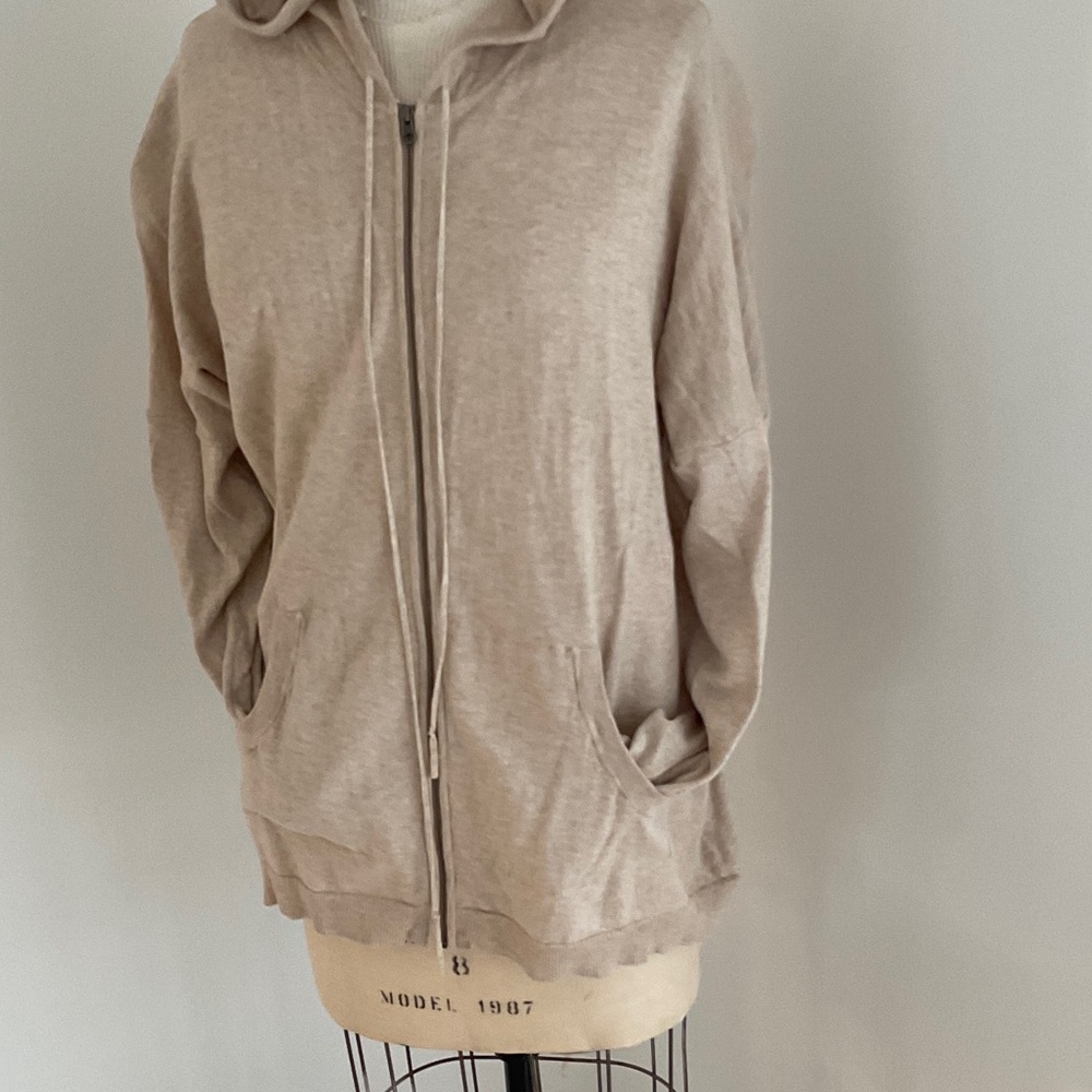 Neiman Marcus Beige zip front sweater with hood